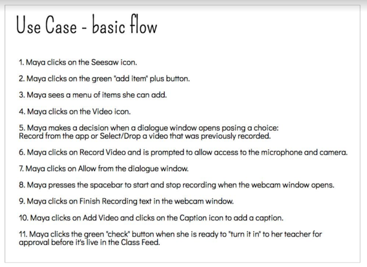 Basic Flow of the steps to post video in Seesaw from the persona of a student